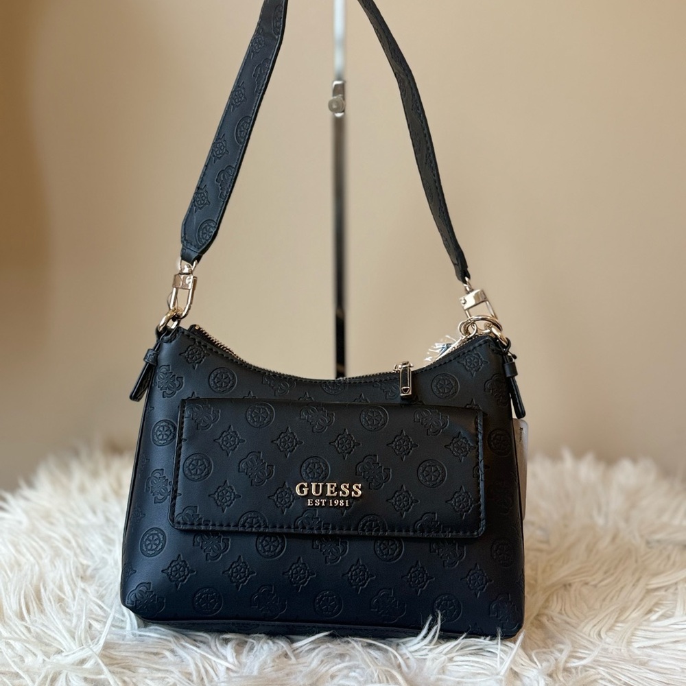 Guess Black Textured Leather Shoulder Bag